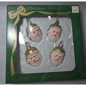 Vtg Bradford Glass Santa Faces Ornaments 4 Piece Christmas Trimmeries Glitter